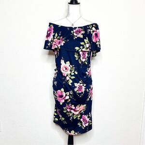 Hello Miz Women Floral Off-Shoulder Maternity Dress Navy Blue/Pink Blooms Size L
